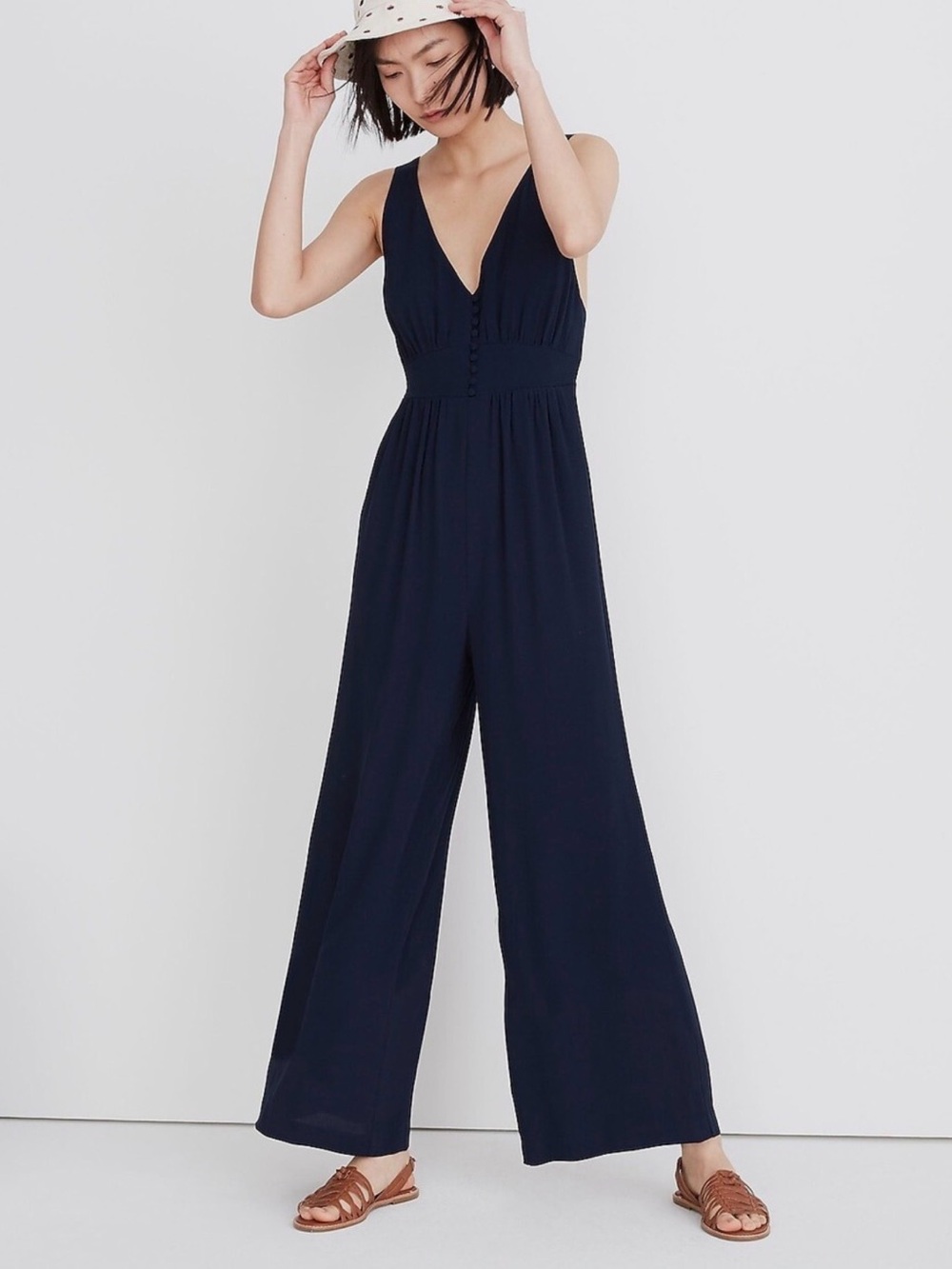 Madewell Deep V Wide-Leg Navy Jumpsuit